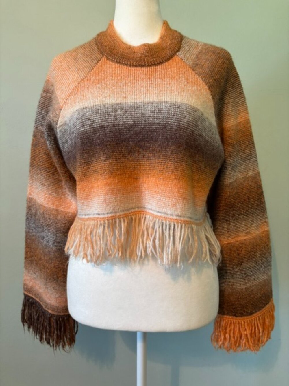 Zara Orange/Brown Ombre Mock Neck Cropped Sweater w/Fringe Hem/Cuffs Size Small